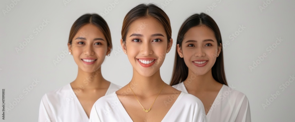 Thai bride in traditional dress, smiling gracefully, natural lighting, clear white background, copy space Thai bride in traditional dress, smiling gracefully, natural lighting, clear white background, copy space