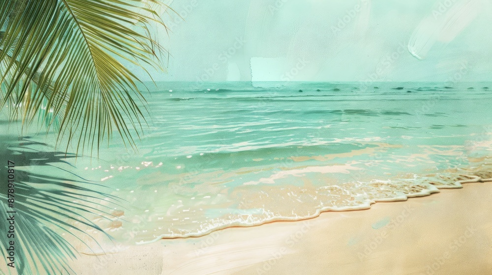 Tranquil Beach Scene with Coconut Tree Leaf in Soft Pastel Tones Tranquil Beach Scene with Coconut Tree Leaf in Soft Pastel Tones