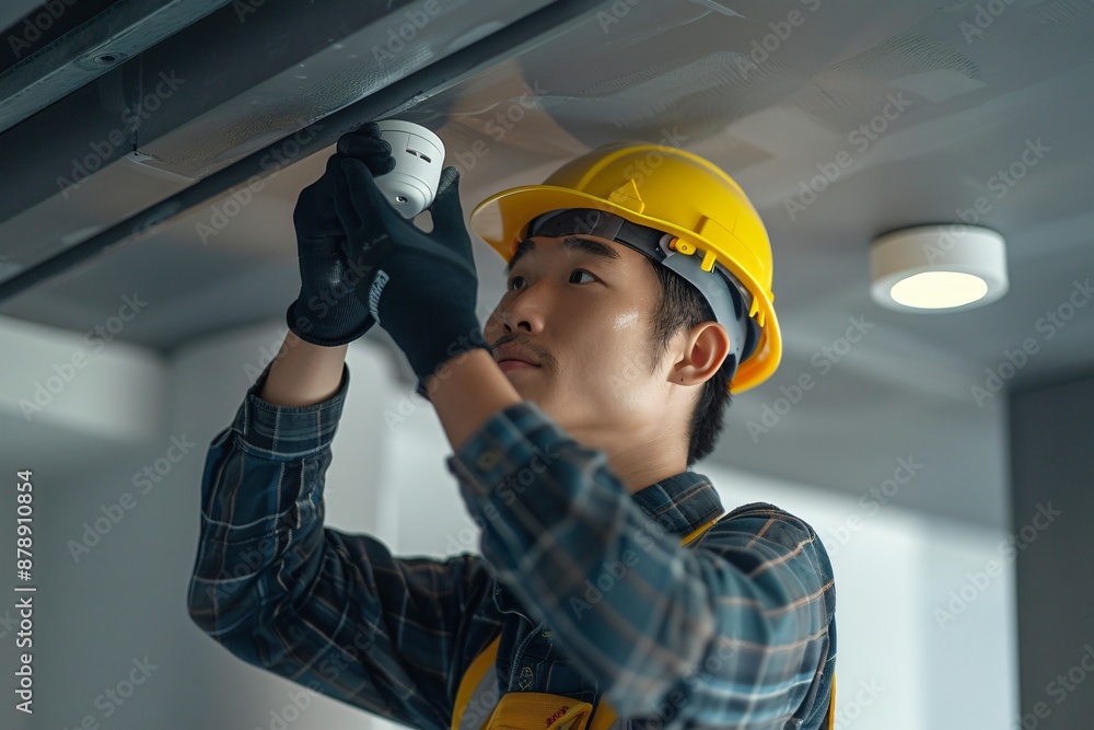 Safety certifies personal fire services wearing hard hat inspecting roof fire safety alarm system detector ensure is working correctly
Safety certifies personal fire services wearing hard hat inspecting roof fire safety alarm system detector ensure is working correctly