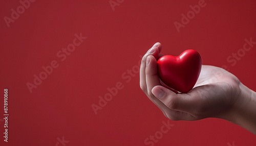 A person holding an red heart in hand against a red background, symbolizing love and healthcar photo