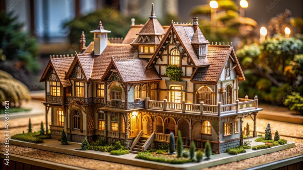 Intricate miniature house model with precise architectural details and furnishings, set against a neutral background, evoking attention to detail and craftsmanship. Intricate miniature house model with precise architectural details and furnishings, set against a neutral background, evoking attention to detail and craftsmanship.