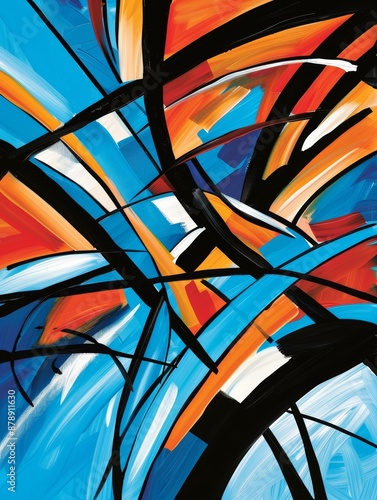 Abstract art featuring blue, orange, and black strokes on a white background