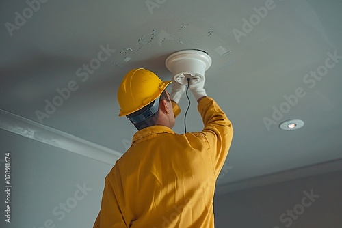 Safety certifies personal fire services wearing hard hat inspecting roof fire safety alarm system detector ensure is working correctly
 photo