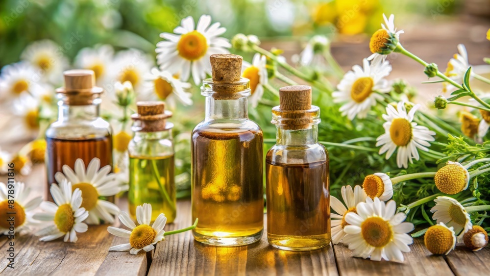Serene arrangement of chamomile essential oil bottles with fresh flowers on a light table, showcasing herbal medicine in soft focus. Serene arrangement of chamomile essential oil bottles with fresh flowers on a light table, showcasing herbal medicine in soft focus.