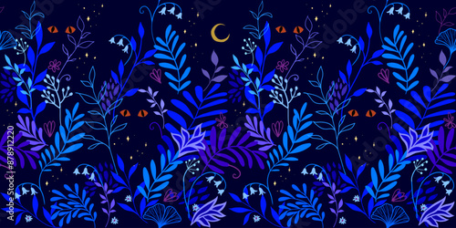 Seamless vector pattern with tropical leaves, flowers, wild animal eyes against the starry night sky. Mysterious fairytale illustration of the midnight jungle. Deep blue and violet colour palette.