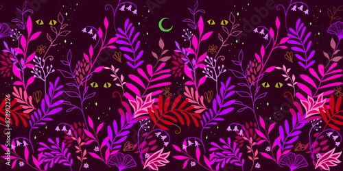 Seamless pattern with tropical leaves, flowers, wild animal eyes against the starry night sky. Mysterious fairytale illustration of the midnight jungle. Deep violet, purple, magenta, red color palette