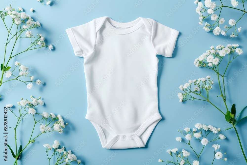 Blank white cotton baby bodysuit on pastel blue background with white flowers. Top view. Blank white cotton baby bodysuit on pastel blue background with white flowers. Top view.