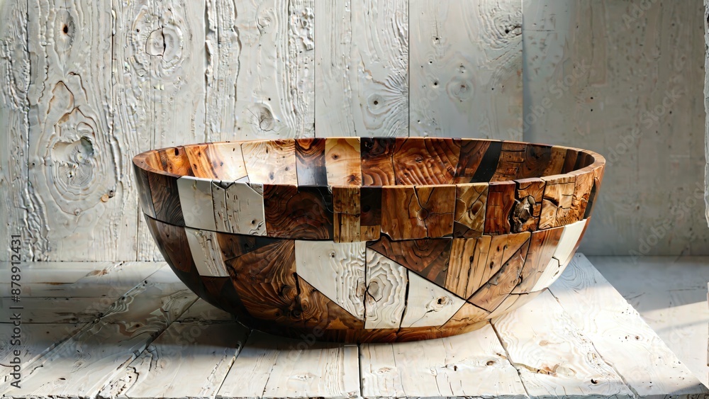 Generative AI, Rustic Wooden Bowl on White Wooden Background