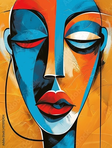 A close-up of an abstract painting depicting a woman's face, with bold strokes of blue, orange, and red