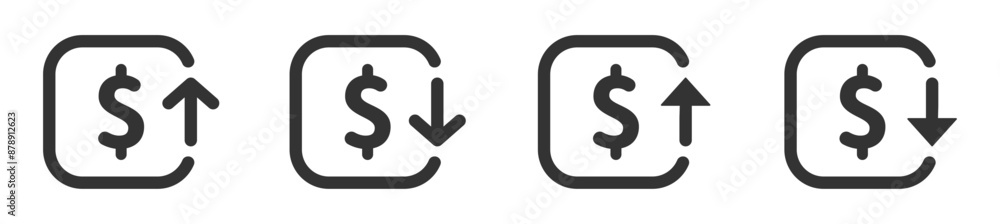 Cost reduction and increase icons. Dollar decrease and increase flat vector icons set Cost reduction and increase icons. Dollar decrease and increase flat vector icons set
