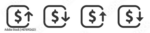Cost reduction and increase icons. Dollar decrease and increase flat vector icons set