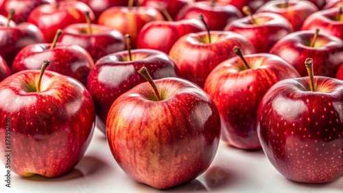 Fresh juicy red delicious apples arranged artfully on a seamless white background with soft natural lighting and subtle shadows.