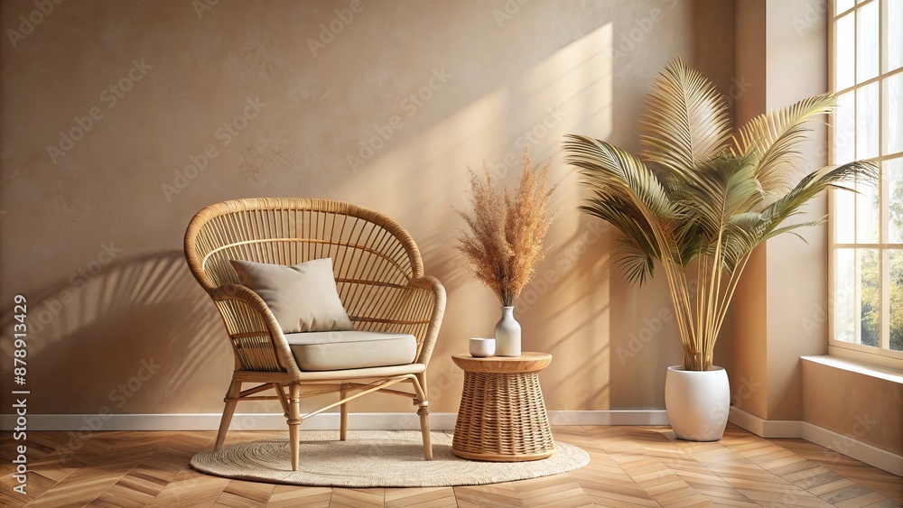 Fototapeta premium Empty beige wall mockup in bohemian room interior with wicker armchair vase natural daylight from window promotion background