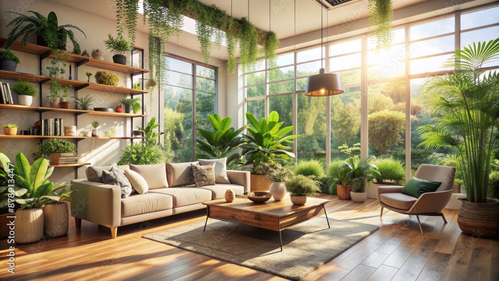Natural light pours into a serene biophilic living room with lush indoor plants and sustainable materials in a peaceful ambiance. Natural light pours into a serene biophilic living room with lush indoor plants and sustainable materials in a peaceful ambiance.