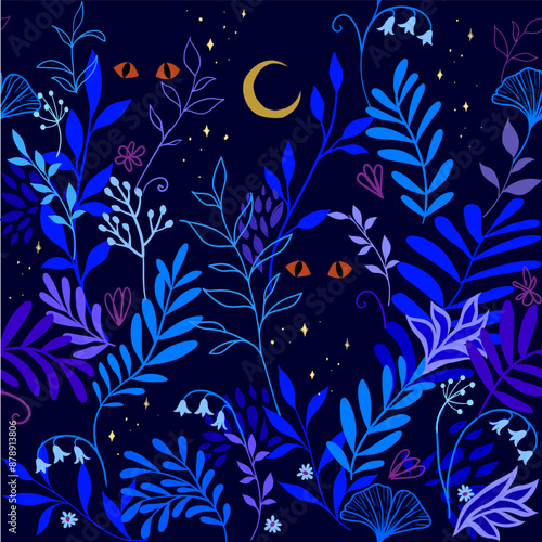 Seamless vector pattern with tropical leaves, flowers, wild animal eyes against the starry night sky. Mysterious fairytale illustration of the midnight jungle. Deep blue and violet colour palette.