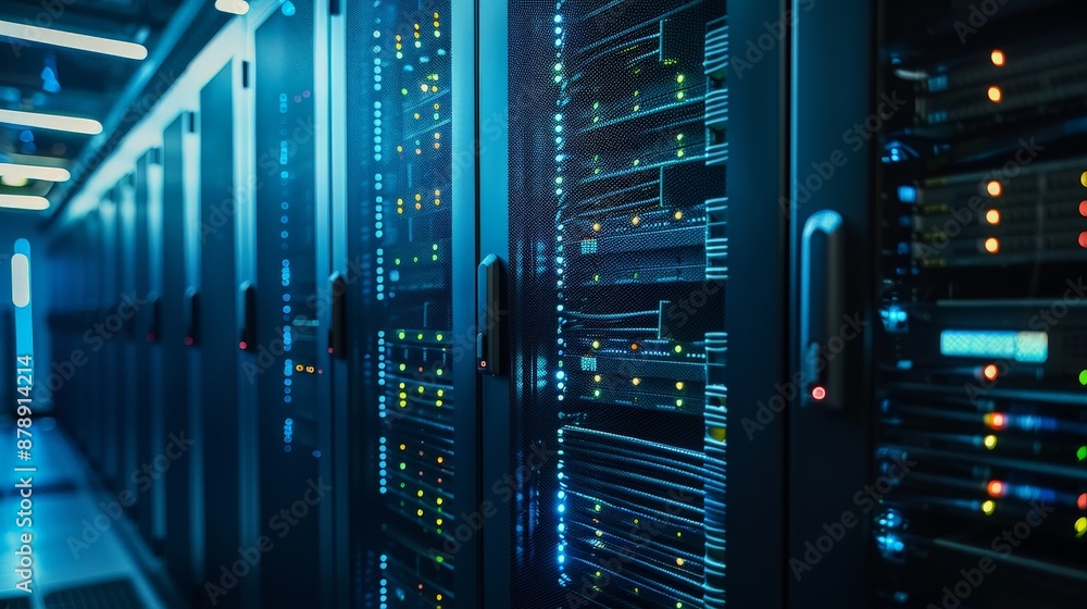 A bustling data center filled with rows of servers, cables neatly organized, and LED lights blinking to indicate activity A bustling data center filled with rows of servers, cables neatly organized, and LED lights blinking to indicate activity