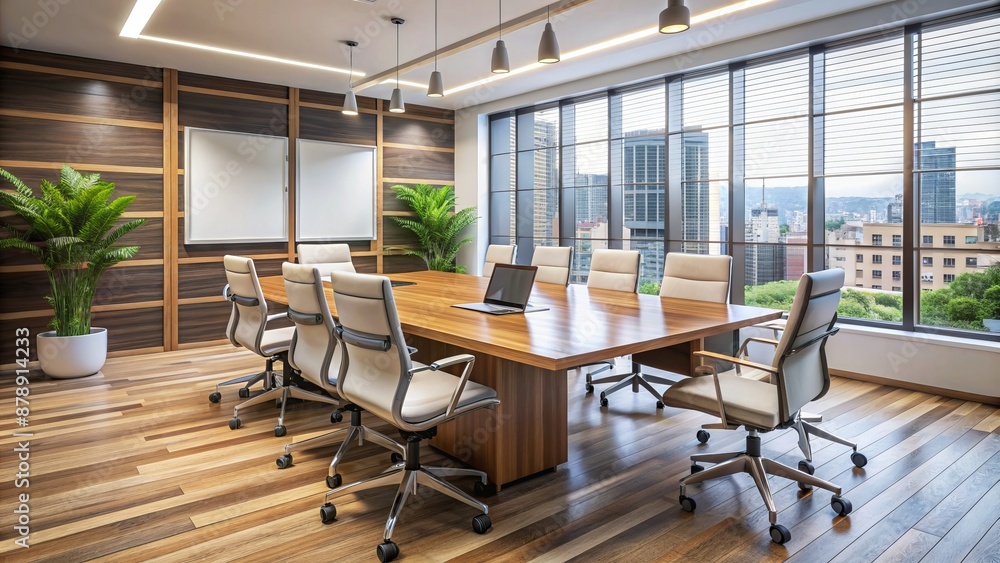 A modern conference room with a wooden table, ergonomic chairs, and a whiteboard, conveying a sense of productivity and harmony. A modern conference room with a wooden table, ergonomic chairs, and a whiteboard, conveying a sense of productivity and harmony.