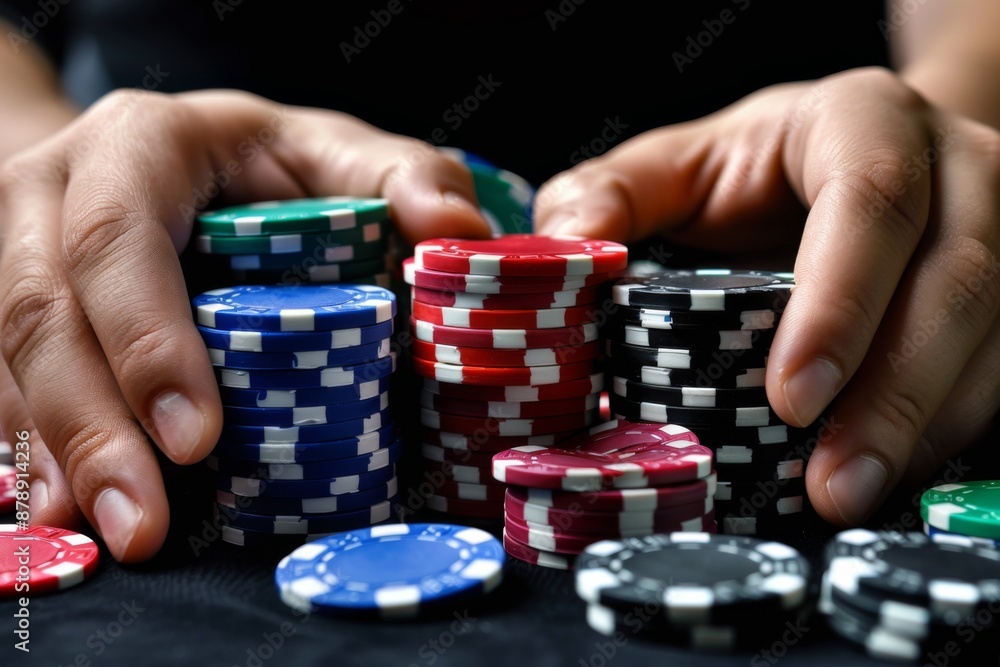 Man with chips on a green poker table Man with chips on a green poker table