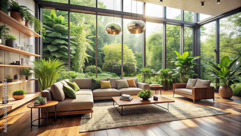 Serene modern living room with lush greenery, plush furniture, and natural light pouring in through large windows. Serene modern living room with lush greenery, plush furniture, and natural light pouring in through large windows.