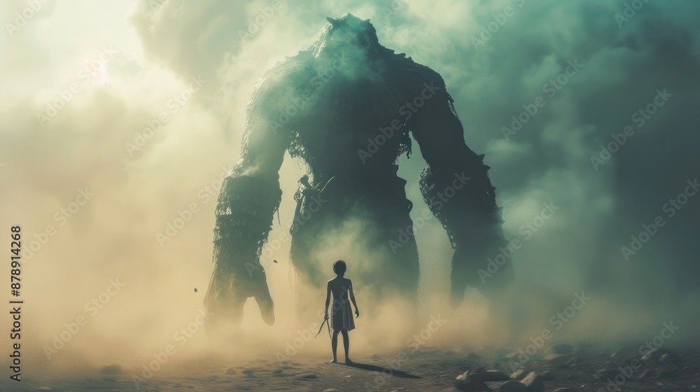 Obraz premium A Young Girl Faces a Giant in a Mystical Landscape