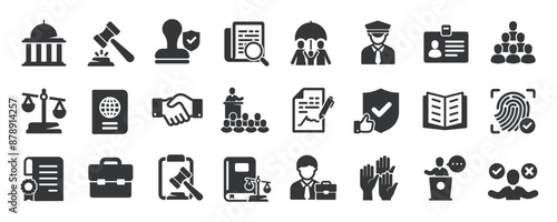 Court glyph solid icons collection. Containing judgement, justice, lawyer, investigation. For website marketing design, logo, app, template, ui, etc. Vector illustration.