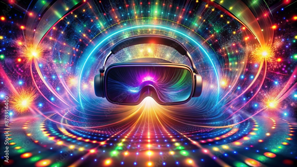 Futuristic virtual reality headset surrounded by kaleidoscopic lights and swirling sound waves, evoking an otherworldly immersive audio environment. Futuristic virtual reality headset surrounded by kaleidoscopic lights and swirling sound waves, evoking an otherworldly immersive audio environment.