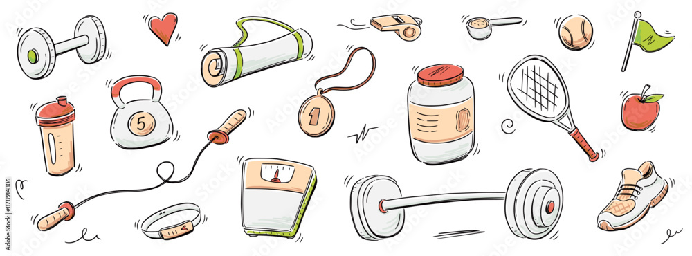 Sport gym sketch icon set. Hand drawn sketch doodle healthy sport, gym fit exercise equipment icon.Doodle hand drawn tennis ball, bottle, dumbbell fit equipment. Vector illustration. Sport gym sketch icon set. Hand drawn sketch doodle healthy sport, gym fit exercise equipment icon.Doodle hand drawn tennis ball, bottle, dumbbell fit equipment. Vector illustration.