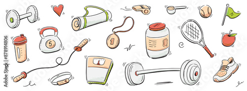 Sport gym sketch icon set. Hand drawn sketch doodle healthy sport, gym fit exercise equipment icon.Doodle hand drawn tennis ball, bottle, dumbbell fit equipment. Vector illustration.
