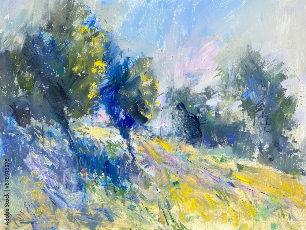 Naklejka premium An abstract landscape painting of trees and a field in afternoon sunlight, with blue and green colors and brushstrokes
