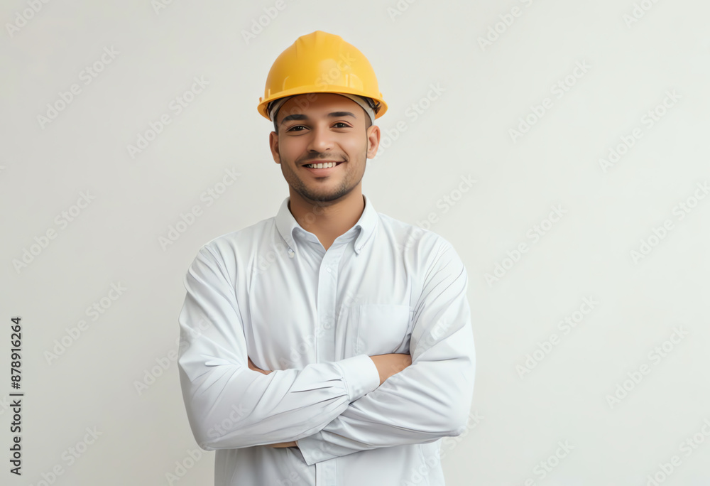 Confident young construction engineer with yellow helmet, cross arms and smiling Confident young construction engineer with yellow helmet, cross arms and smiling