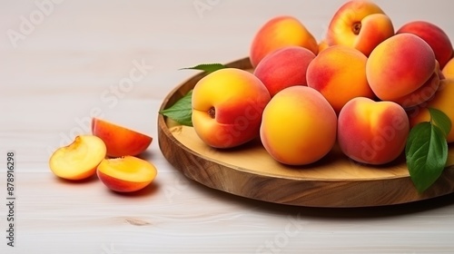 Fresh Ripe Peaches on Wooden Tray