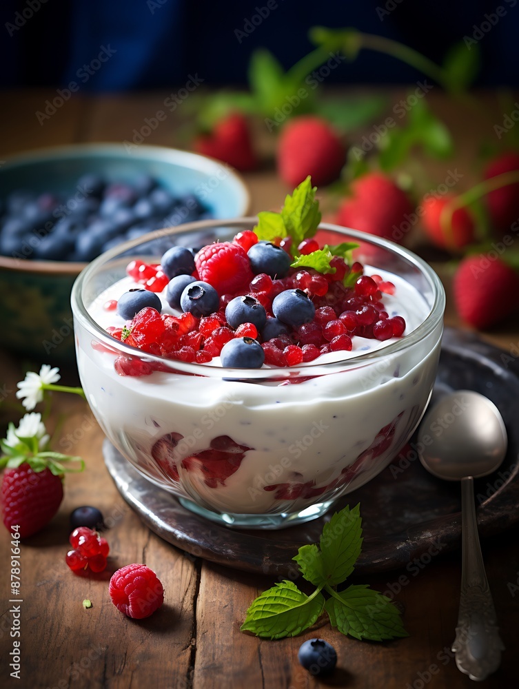 Yogurt with fresh berries on wooden background Yogurt with fresh berries on wooden background