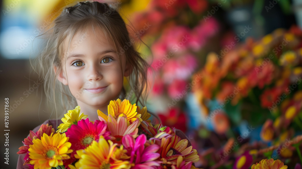 Little girl holding colorful bouquet of flowers in spring garden Little girl holding colorful bouquet of flowers in spring garden