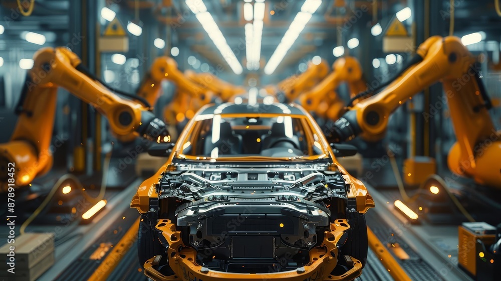 Illustrate the futuristic scene of an aerial flyover through an autonomous factory Illustrate the futuristic scene of an aerial flyover through an autonomous factory