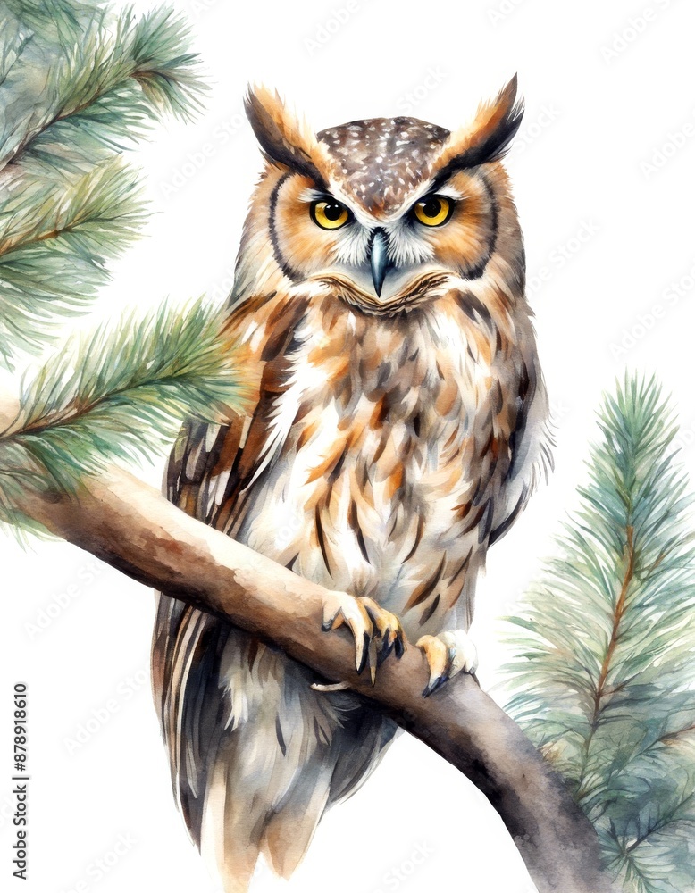 Naklejka premium tree feather olated owl fir wild background screech baby green white decoration painted loose bird sitting branch illustration hand