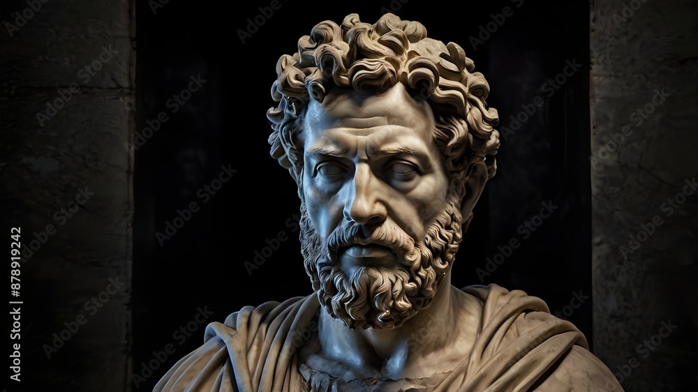 A stoic bust of Marcus Aurelius, sculpted from weathered marble with cracks and veins that hint at the passage of time, bathed in dramatic chiaroscuro lighting that accentuates Generative AI A stoic bust of Marcus Aurelius, sculpted from weathered marble with cracks and veins that hint at the passage of time, bathed in dramatic chiaroscuro lighting that accentuates Generative AI