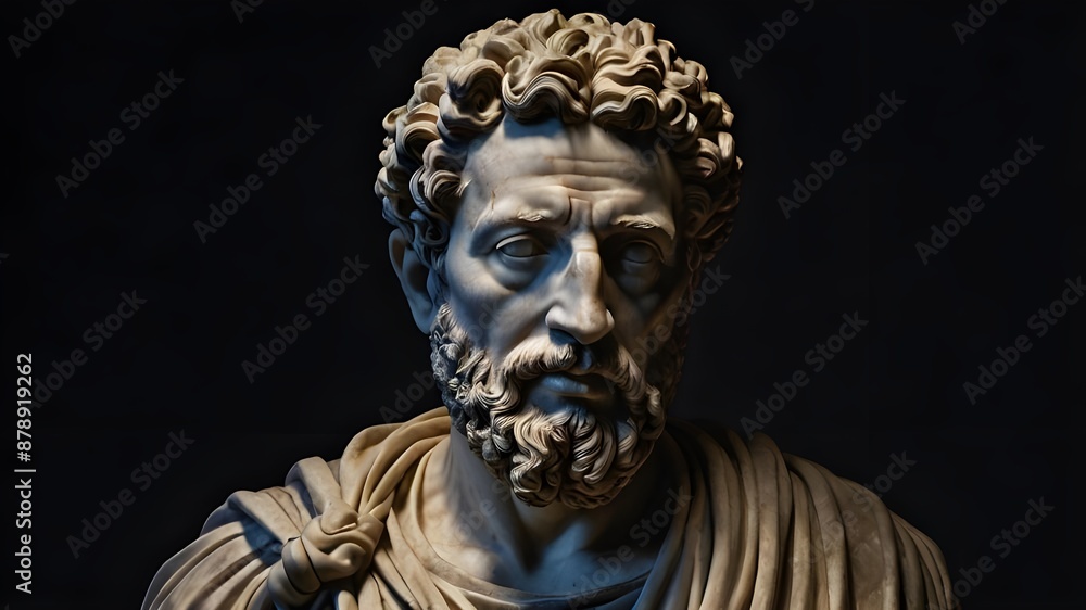 A stoic bust of Marcus Aurelius, sculpted from weathered marble with cracks and veins that hint at the passage of time, bathed in dramatic chiaroscuro lighting that accentuates Generative AI A stoic bust of Marcus Aurelius, sculpted from weathered marble with cracks and veins that hint at the passage of time, bathed in dramatic chiaroscuro lighting that accentuates Generative AI