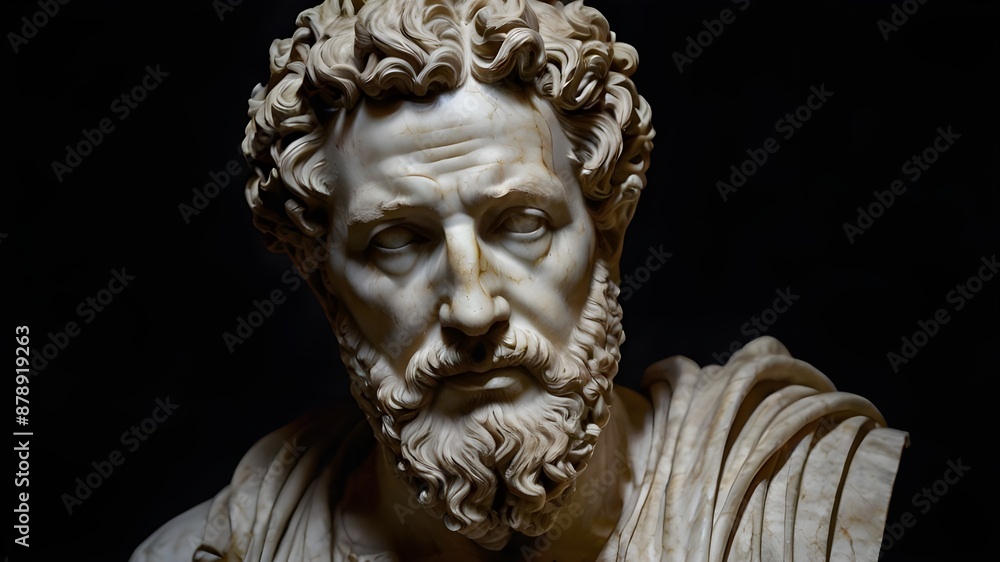 A stoic bust of Marcus Aurelius, sculpted from weathered marble with cracks and veins that hint at the passage of time, bathed in dramatic chiaroscuro lighting that accentuates Generative AI A stoic bust of Marcus Aurelius, sculpted from weathered marble with cracks and veins that hint at the passage of time, bathed in dramatic chiaroscuro lighting that accentuates Generative AI