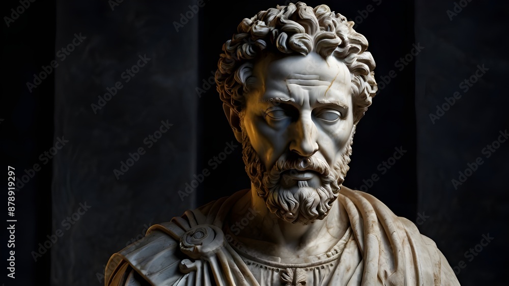 A stoic bust of Marcus Aurelius, sculpted from weathered marble with cracks and veins that hint at the passage of time, bathed in dramatic chiaroscuro lighting that accentuates Generative AI A stoic bust of Marcus Aurelius, sculpted from weathered marble with cracks and veins that hint at the passage of time, bathed in dramatic chiaroscuro lighting that accentuates Generative AI