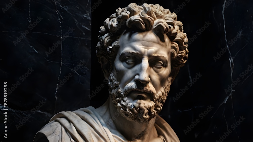 A stoic bust of Marcus Aurelius, sculpted from weathered marble with cracks and veins that hint at the passage of time, bathed in dramatic chiaroscuro lighting that accentuates Generative AI A stoic bust of Marcus Aurelius, sculpted from weathered marble with cracks and veins that hint at the passage of time, bathed in dramatic chiaroscuro lighting that accentuates Generative AI