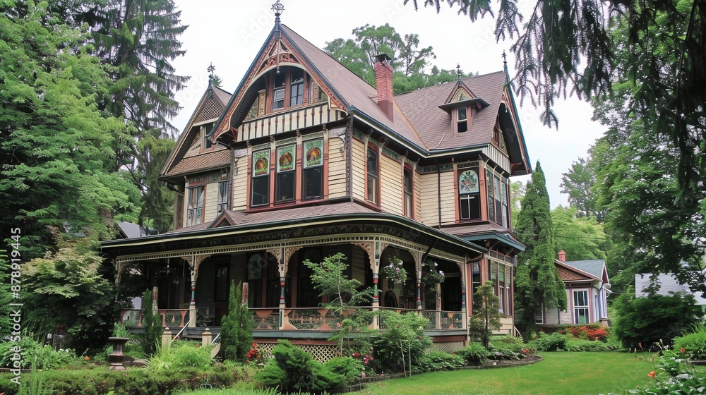 A classic Victorian house with ornate trim, stained glass windows, and a wraparound porch. A classic Victorian house with ornate trim, stained glass windows, and a wraparound porch.