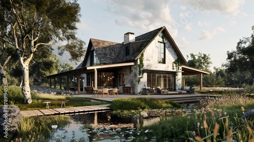 Rustic Modern Farmhouse with Pond and Lush Greenery