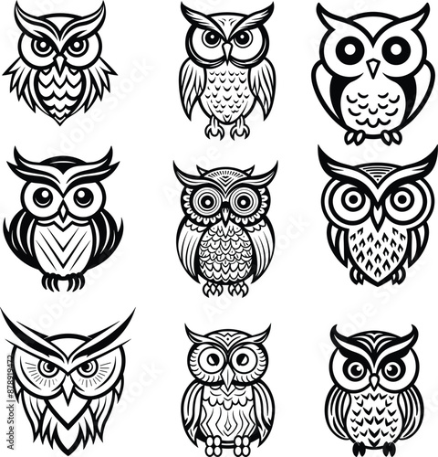 owl silhouette logo, black and white vector illustration collection 