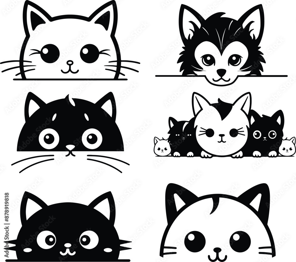 Fototapeta premium peeking cat silhouette black and white vector illustration cute sticker set, car sticker collection 