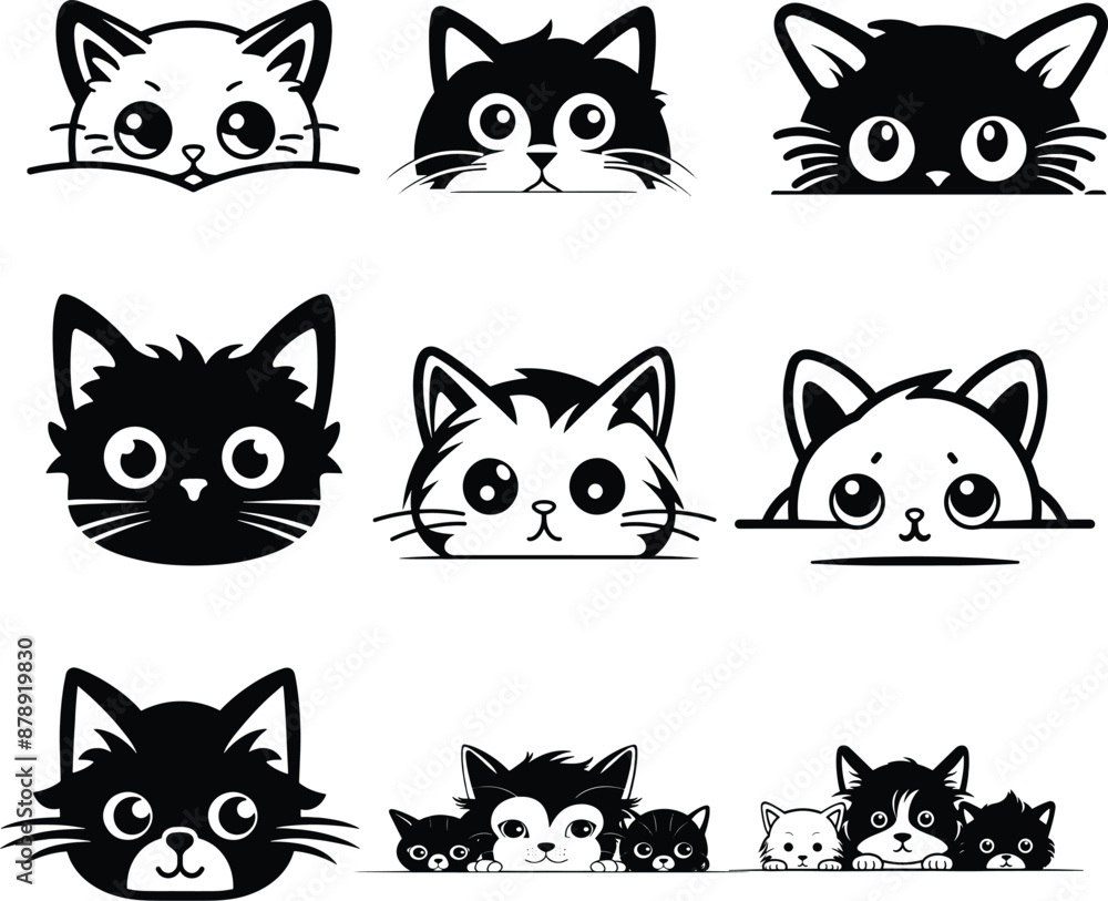 peeking cat silhouette black and white vector illustration cute sticker set, car sticker collection
peeking cat silhouette black and white vector illustration cute sticker set, car sticker collection
