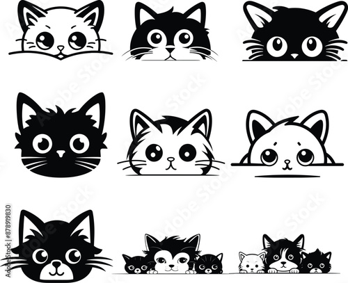 peeking cat silhouette black and white vector illustration cute sticker set, car sticker collection
