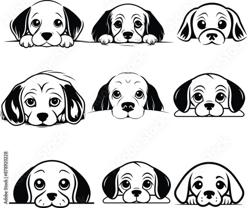peeking dog silhouette black and white vector illustration cute sticker set, car sticker collection
