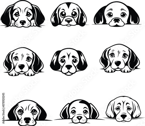 peeking dog silhouette black and white vector illustration cute sticker set, car sticker collection
