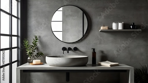 Bathroom with glowing mirror with light minimalistic contemporary modern architecture with vanity faucet