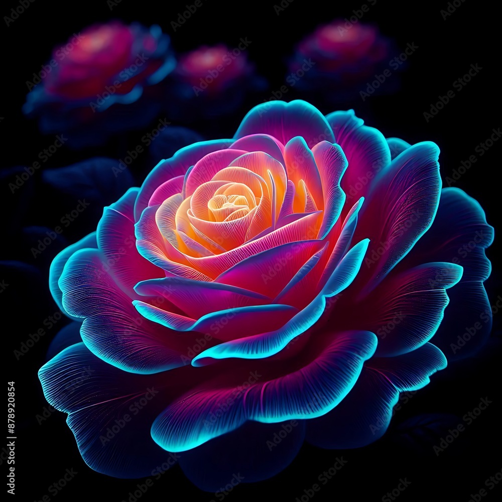 Abstract neon light single rose flower macro on black background, illustration image generative ai Abstract neon light single rose flower macro on black background, illustration image generative ai